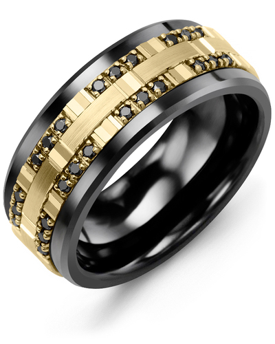 Men's & Women's Black Ceramic & Yellow Gold + 24 Black Diamonds 0.24ct Wedding Band