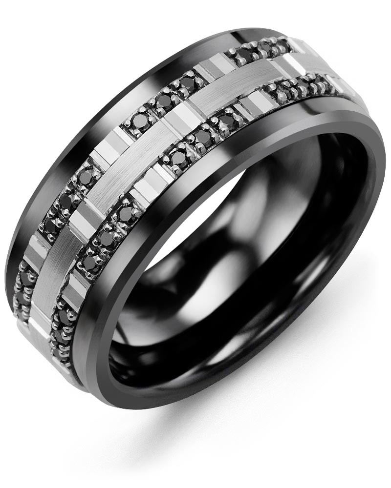Men's & Women's Black Ceramic & White Gold + 24 Black Diamonds 0.24ct Wedding Band