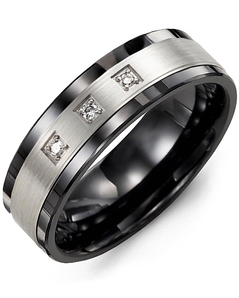 Men's & Women's Black Ceramic & White Gold + 3 Diamonds 0.06ct Wedding Band