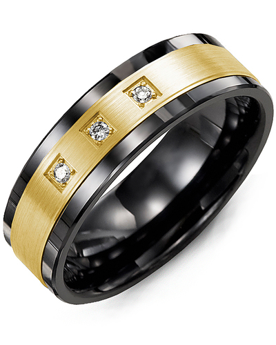 Men's & Women's Black Ceramic & Yellow Gold + 3 Diamonds 0.06ct Wedding Band