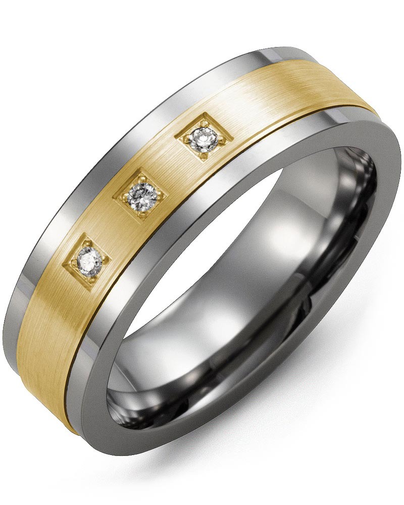 Men's & Women's Tungsten & Yellow Gold + 3 Diamonds 0.06ct Wedding Band