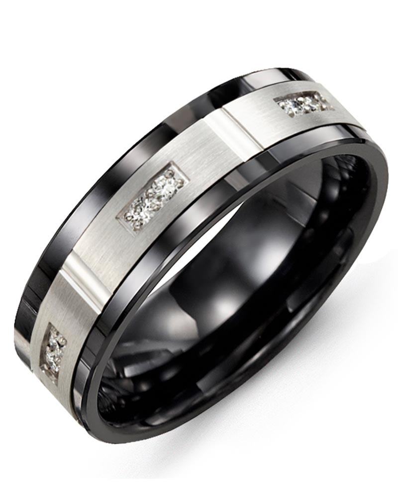 Men's & Women's Black Ceramic & White Gold + 6 Diamonds 0.12ct Wedding Band