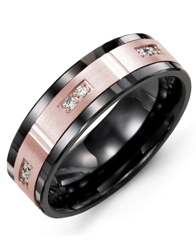 Men's & Women's Black Ceramic & Rose Gold + 6 Diamonds 0.12ct Wedding Band