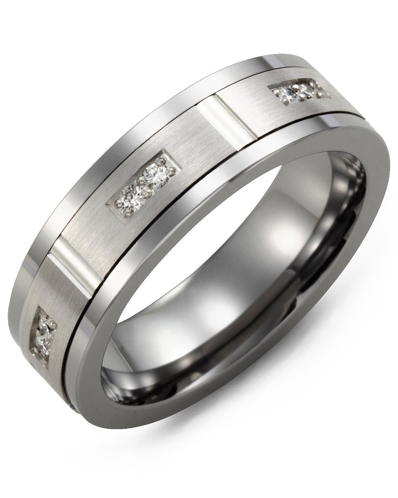 Men's & Women's Tungsten & White Gold + 6 Diamonds 0.12ct Wedding Band