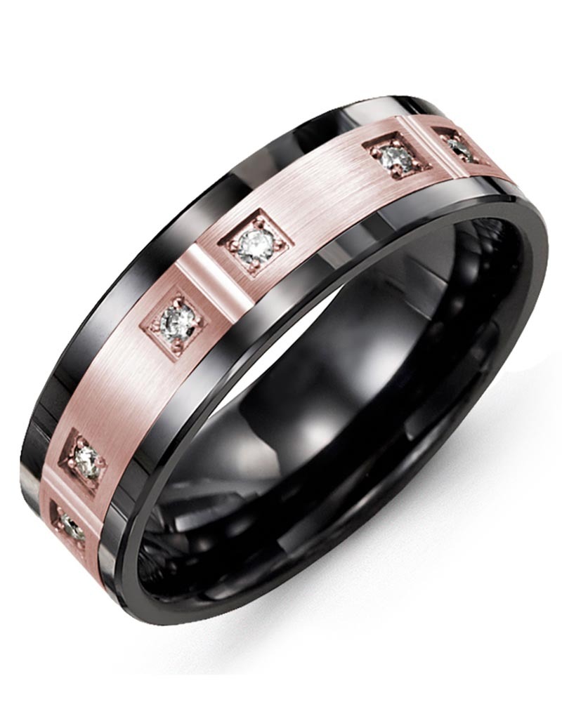 Men's & Women's Black Ceramic & Rose Gold + 6 Diamonds 0.12ct Wedding Band