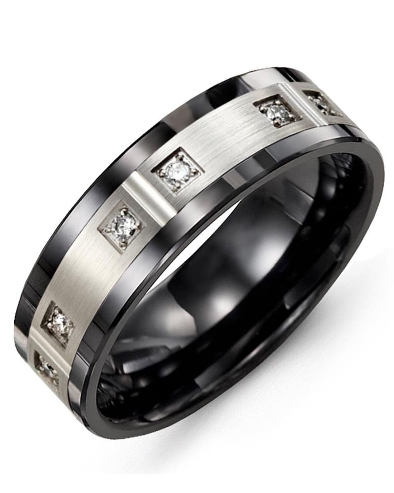 Men's & Women's Black Ceramic & White Gold + 6 Diamonds 0.12ct Wedding Band