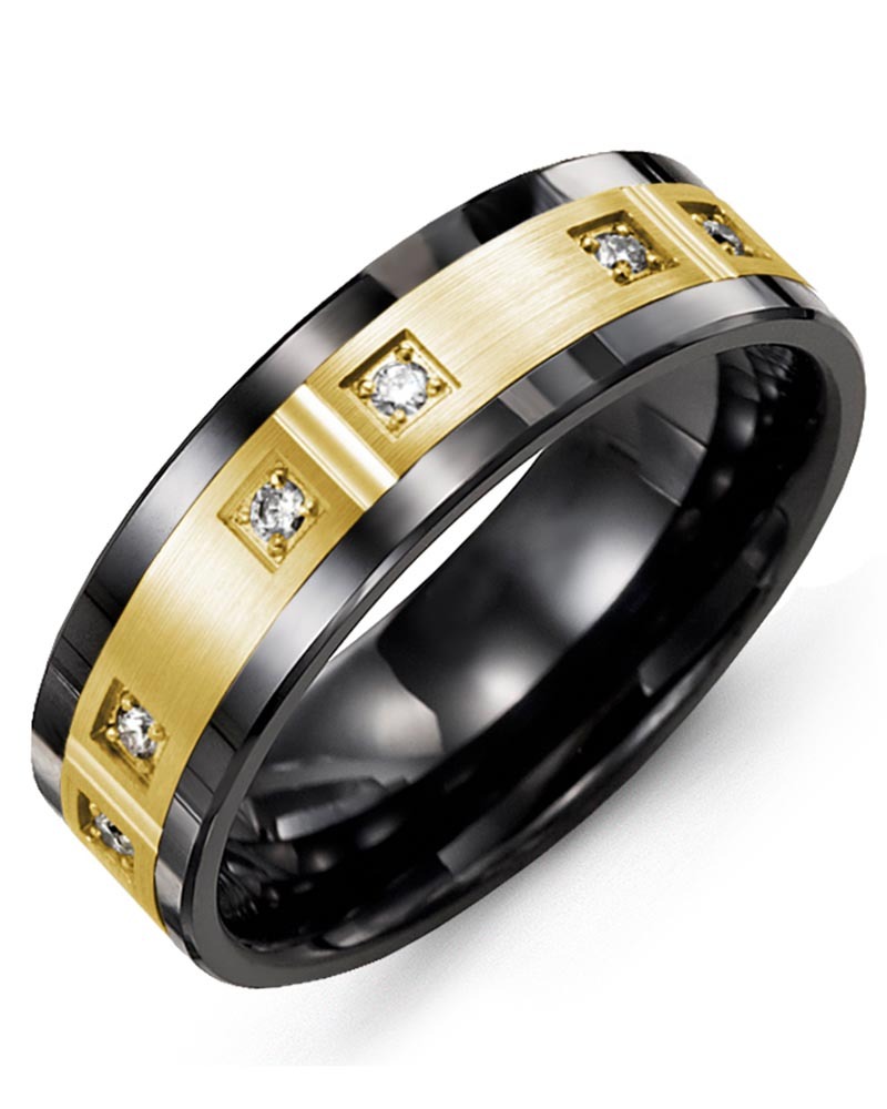 Men's & Women's Black Ceramic & Yellow Gold + 6 Diamonds 0.12ct Wedding Band