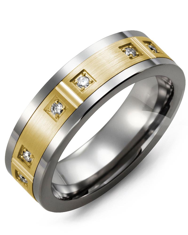 Men's & Women's Tungsten & Yellow Gold + 6 Diamonds 0.12ct Wedding Band from MADANI Rings. Wedding bands, fashion rings, promise rings, made of Tungsten, Ceramic, Cobalt, and Gold. View the collection at madanirings.com