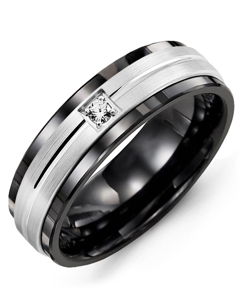 Men's & Women's Black Ceramic & White Gold + 1 Diamond 0.05ct Wedding Band