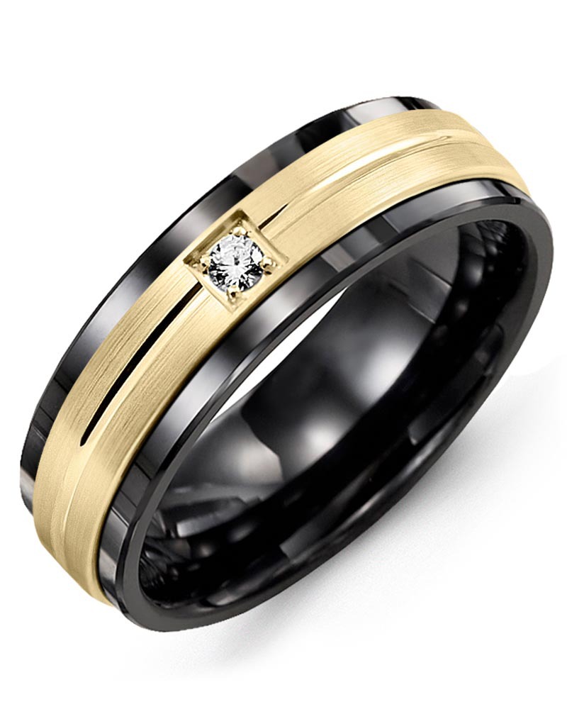 Men's & Women's Black Ceramic & Yellow Gold + 1 Diamond 0.05ct Wedding Band