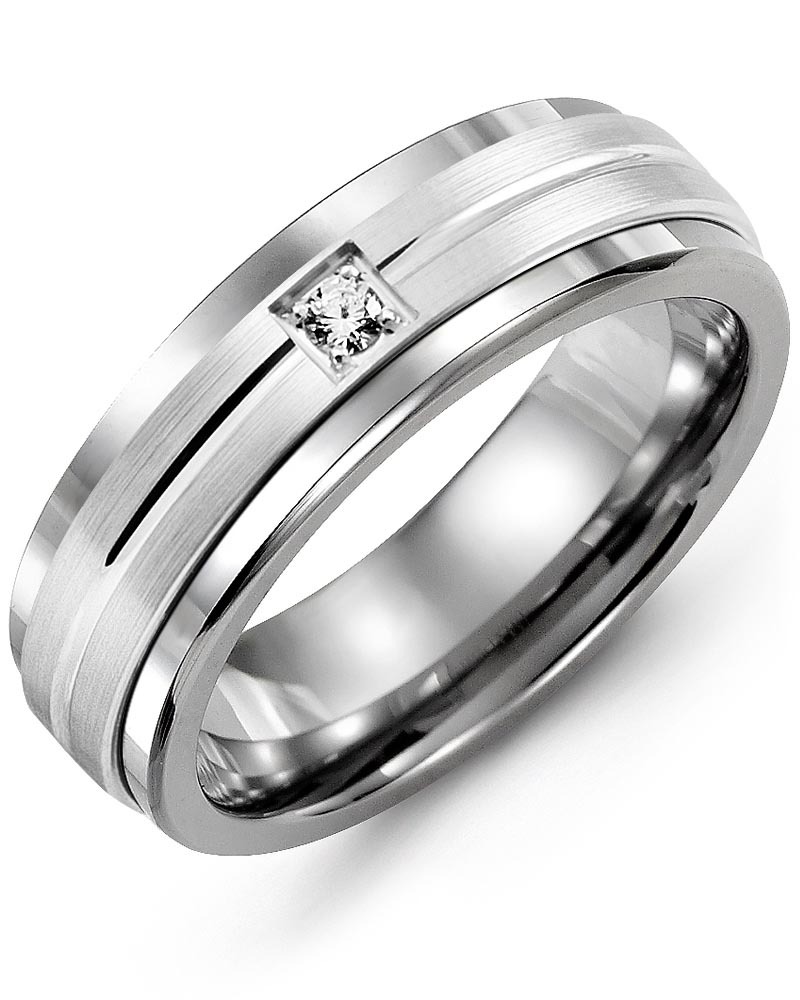 Men's & Women's Cobalt & White Gold + 1 Diamond 0.05ct Wedding Band from MADANI Rings. Wedding bands, fashion rings, promise rings, made of Tungsten, Ceramic, Cobalt, and Gold. View the collection at madanirings.com