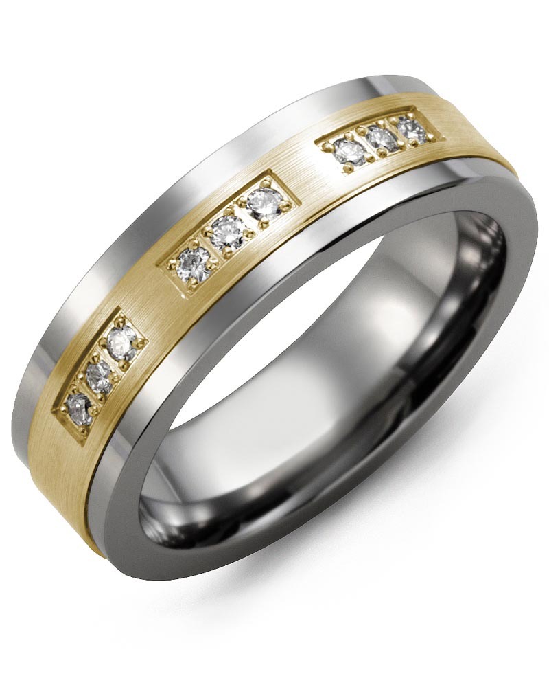 Men's & Women's Cobalt & Yellow Gold + 9 Diamonds 0.18ct Wedding Band from MADANI Rings. Wedding bands, fashion rings, promise rings, made of Tungsten, Ceramic, Cobalt, and Gold. View the collection at madanirings.com