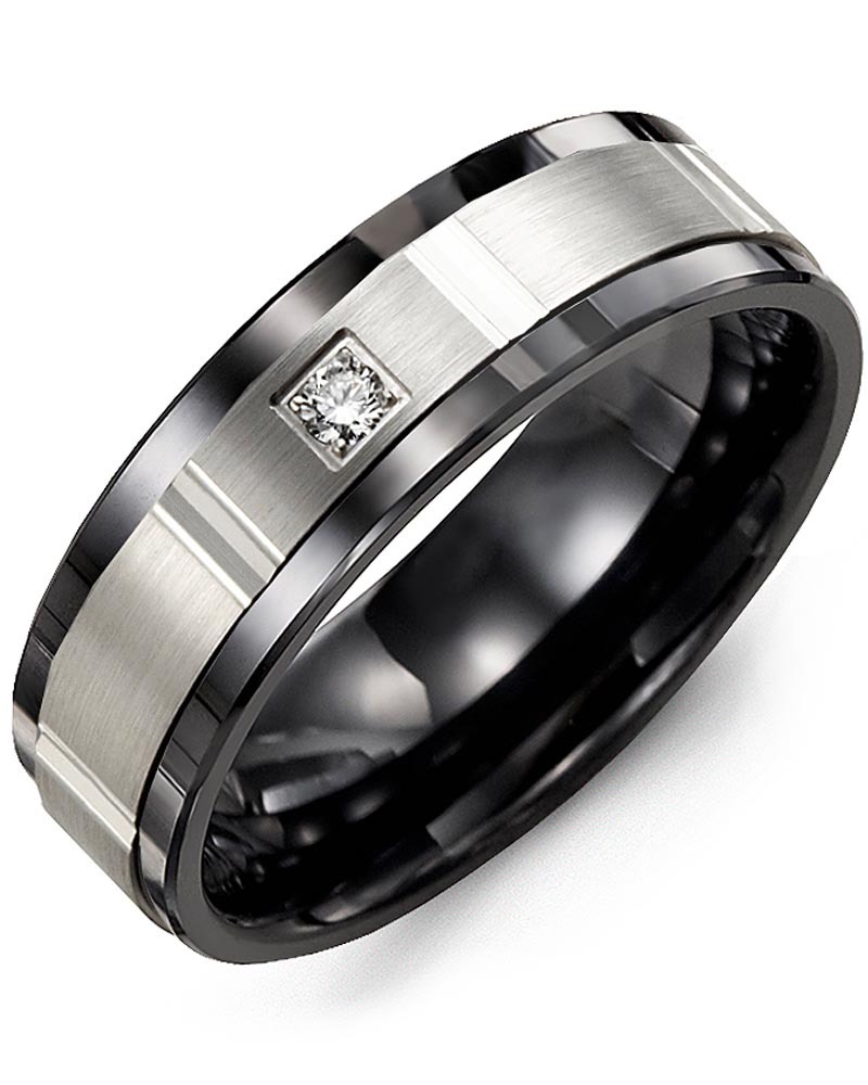 Men's & Women's Black Ceramic & White Gold + 1 Diamond 0.05ct Wedding Band