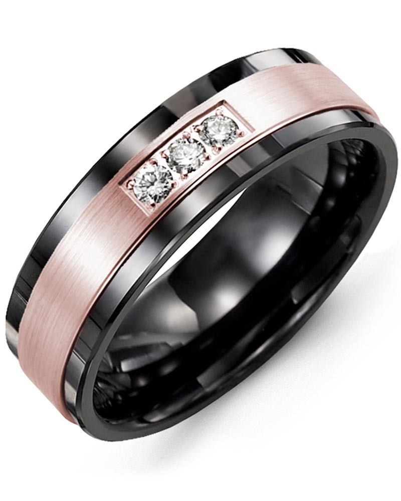 Men's & Women's Black Ceramic & Rose Gold + 3 Diamonds 0.06ct Wedding Band