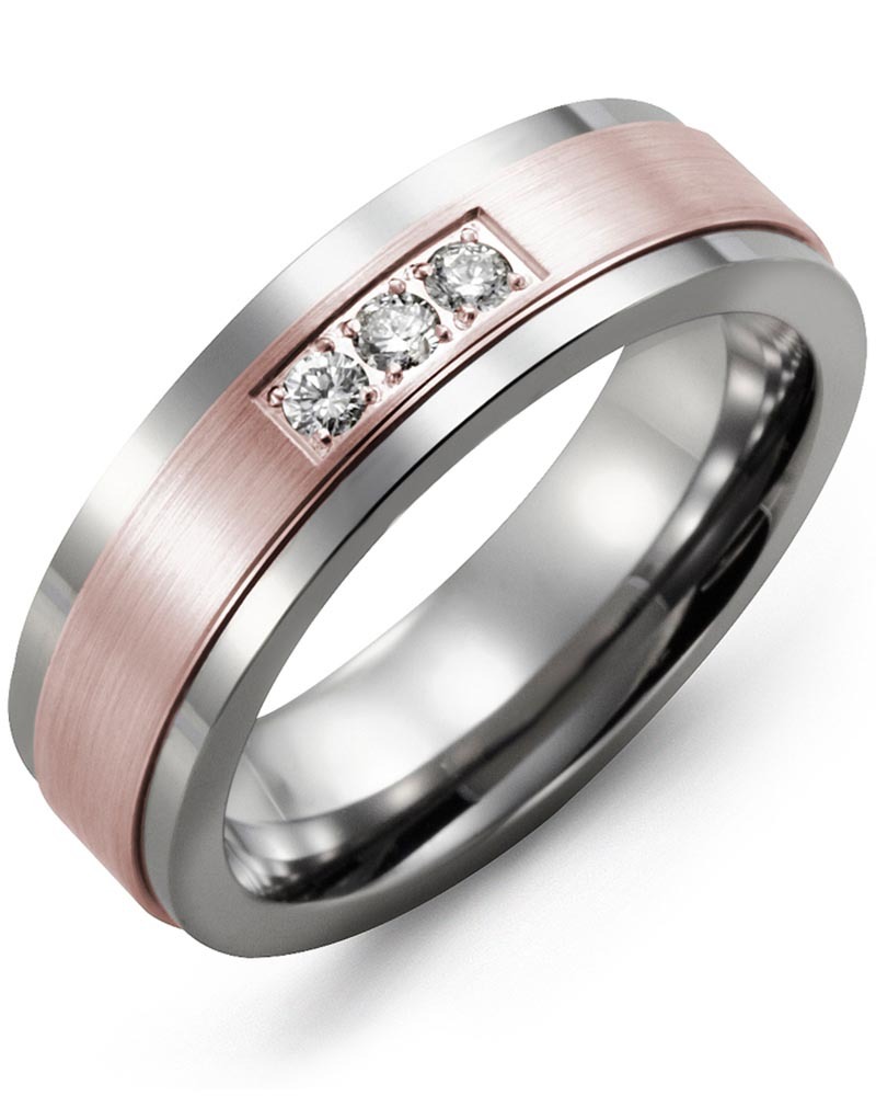 Men's & Women's Tungsten & Rose Gold + 3 Diamonds 0.06ct Wedding Band