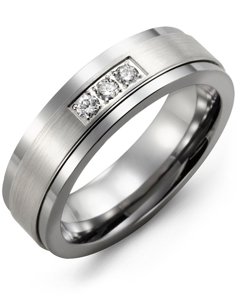 Men's & Women's Tungsten & White Gold + 3 Diamonds 0.06ct Wedding Band from MADANI Rings. Wedding bands, fashion rings, promise rings, made of Tungsten, Ceramic, Cobalt, and Gold. View the collection at madanirings.com