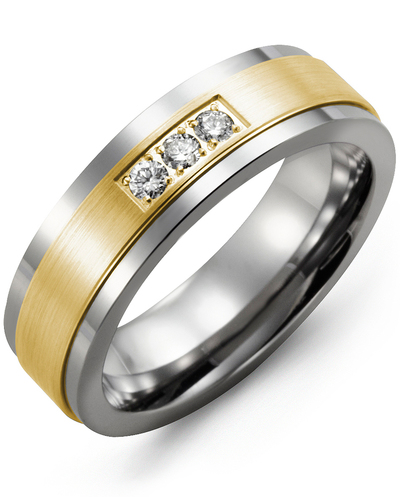 Men's & Women's Tungsten & Yellow Gold + 3 Diamonds 0.06ct Wedding Band