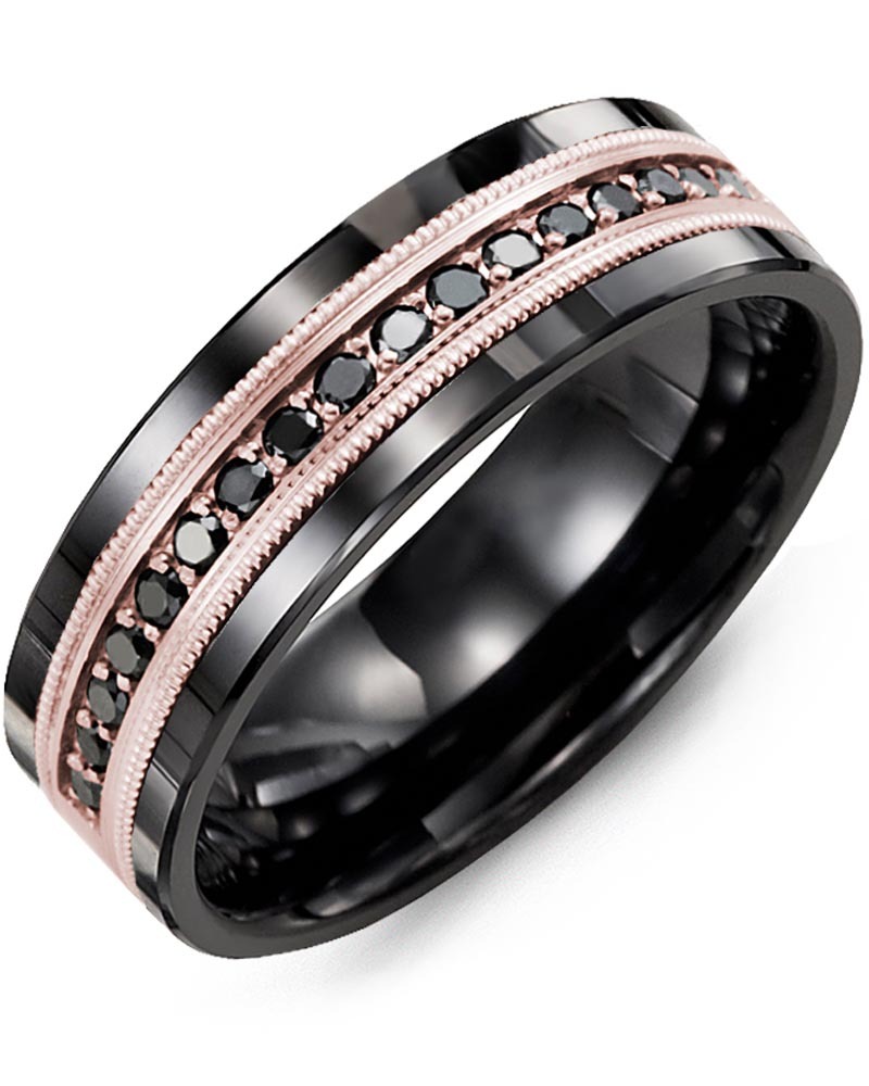 Men's & Women's Black Ceramic & Rose Gold + 17 Black Diamonds 0.34ct Wedding Band