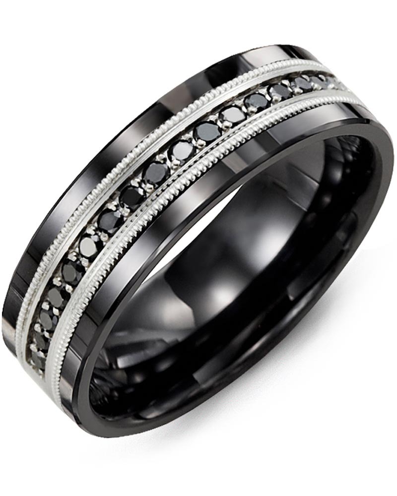 Men's & Women's Black Ceramic & White Gold + 17 Black Diamonds 0.34ct Wedding Band