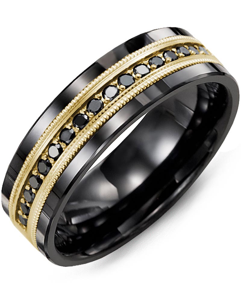 Men's & Women's Black Ceramic & Yellow Gold + 17 Black Diamonds 0.34ct Wedding Band