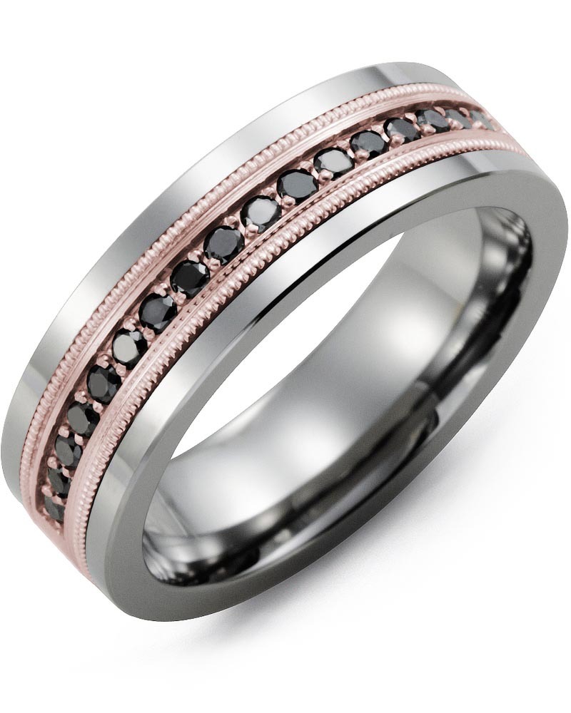 Men's & Women's Tungsten & Rose Gold + 17 Black Diamonds 0.34ct Wedding Band
