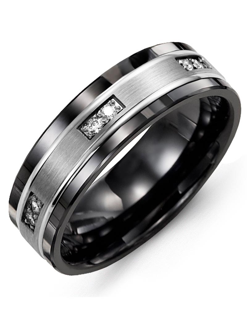 Men's & Women's Black Ceramic & White Gold + 6 Diamonds 0.12ct Wedding Band