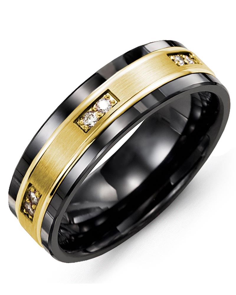 Men's & Women's Black Ceramic & Yellow Gold + 6 Diamonds 0.12ct Wedding Band