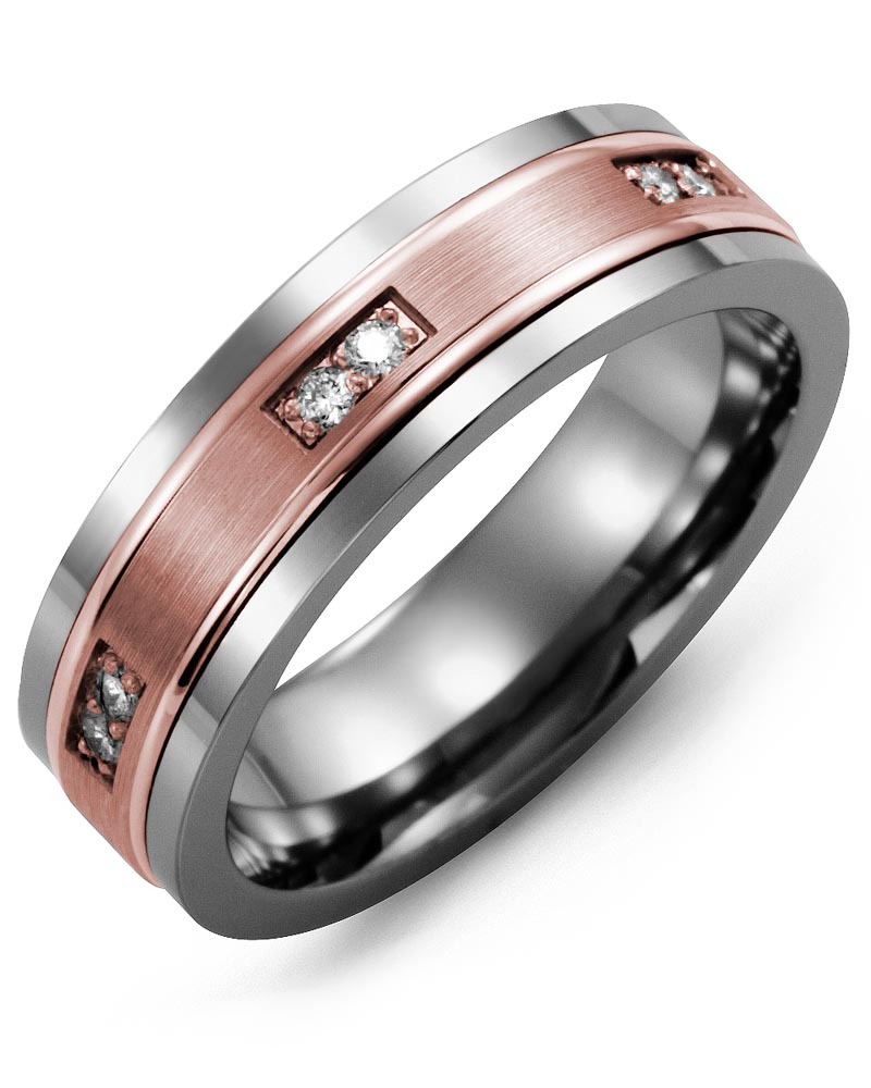 Men's & Women's Tungsten & Rose Gold + 6 Diamonds 0.12ct Wedding Band