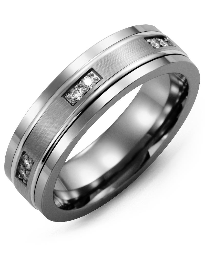 Men's & Women's Tungsten & White Gold + 6 Diamonds 0.12ct Wedding Band from MADANI Rings. Wedding bands, fashion rings, promise rings, made of Tungsten, Ceramic, Cobalt, and Gold. View the collection at madanirings.com