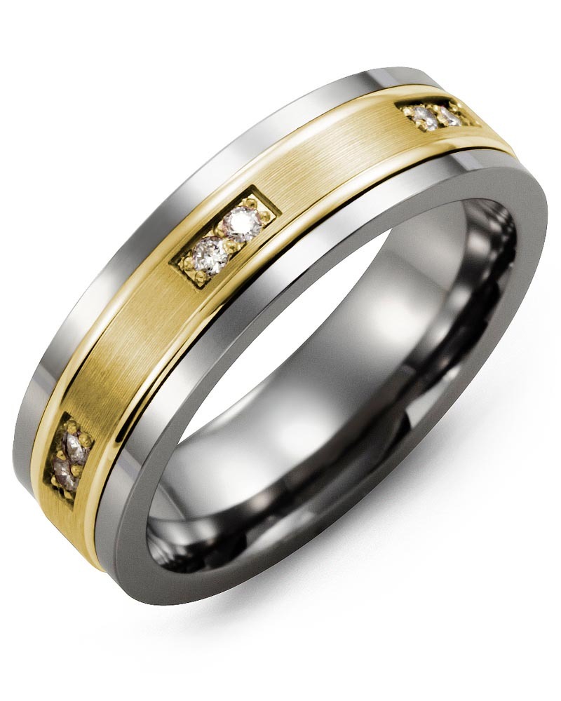 Men's & Women's Tungsten & Yellow Gold + 6 Diamonds 0.12ct Wedding Band