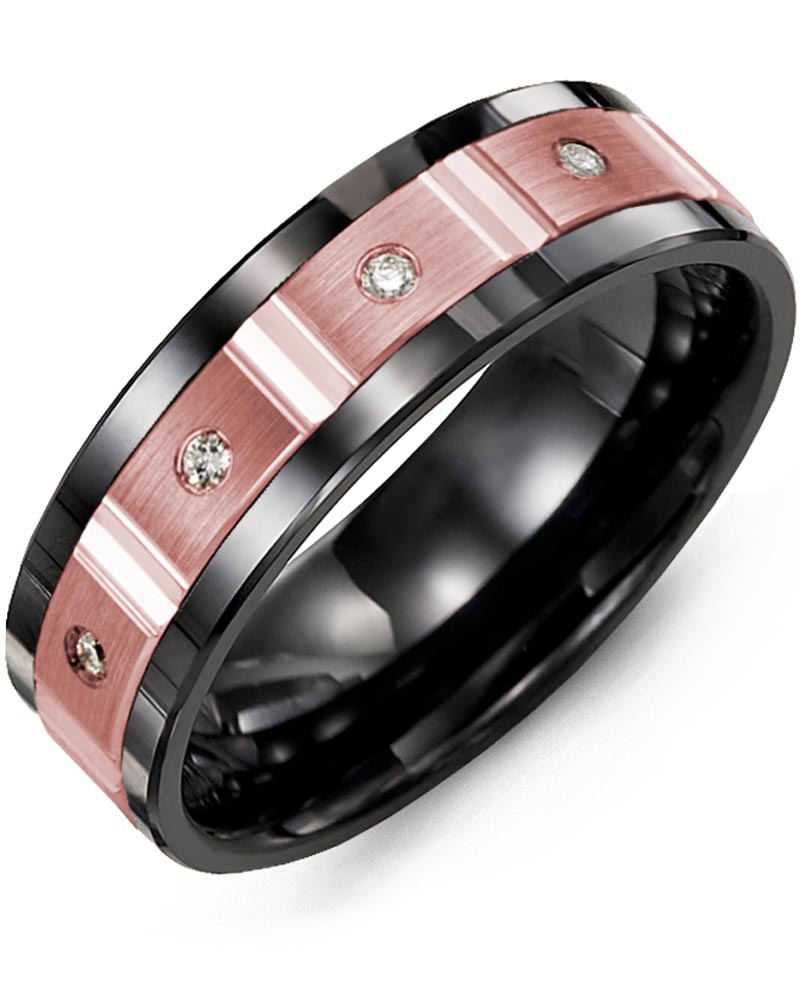 Men's & Women's Black Ceramic & Rose Gold + 4 Diamonds 0.08ct Wedding Band