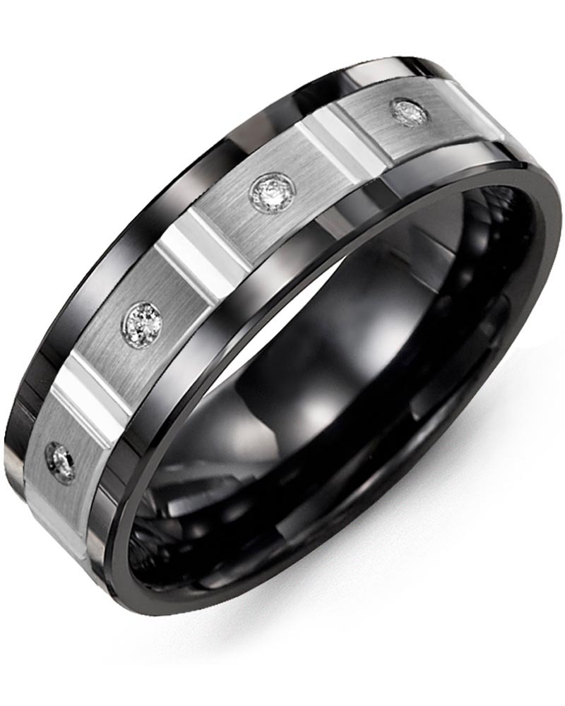 Men's & Women's Black Ceramic & White Gold + 4 Diamonds 0.08ct Wedding Band