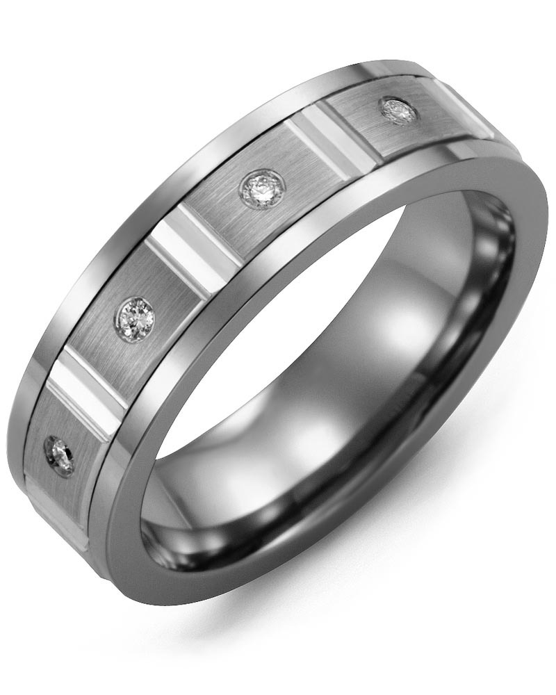 Men's & Women's Tungsten & White Gold + 4 Diamonds 0.08ct Wedding Band from MADANI Rings. Wedding bands, fashion rings, promise rings, made of Tungsten, Ceramic, Cobalt, and Gold. View the collection at madanirings.com