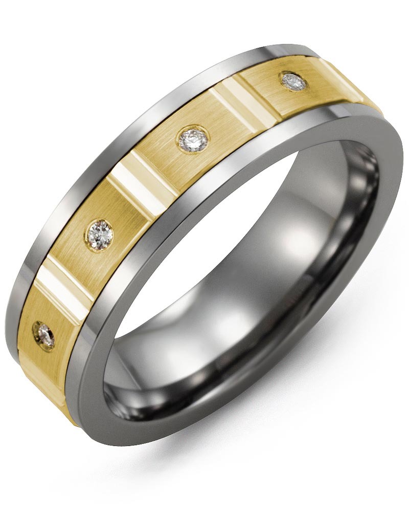 Men's & Women's Tungsten & Yellow Gold + 4 Diamonds 0.08ct Wedding Band