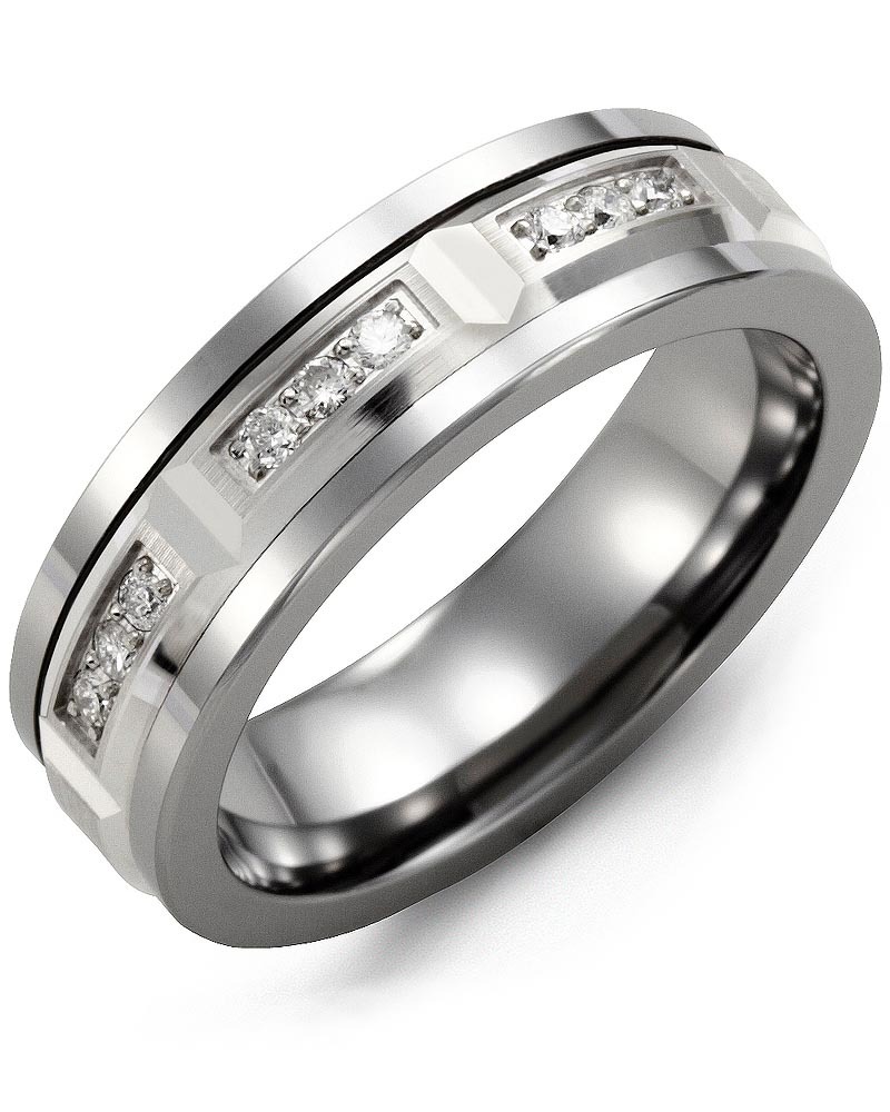 Men's & Women's Tungsten & White Gold + 9 Diamonds 0.18ct Wedding Band from MADANI Rings. Wedding bands, fashion rings, promise rings, made of Tungsten, Ceramic, Cobalt, and Gold. View the collection at madanirings.com