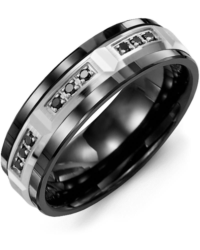 Men's & Women's Black Ceramic & White Gold + 9 Black Diamonds 0.18ct Wedding Band from MADANI Rings. Wedding bands, fashion rings, promise rings, made of Tungsten, Ceramic, Cobalt, and Gold. View the collection at madanirings.com