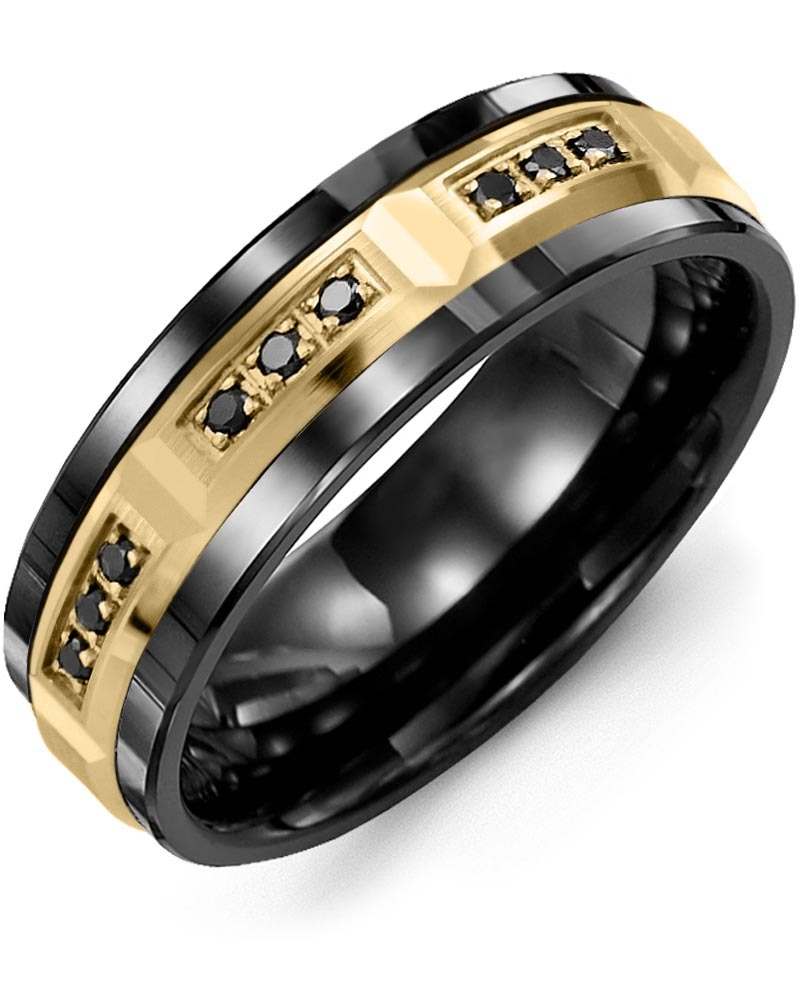 Men's & Women's Black Ceramic & Yellow Gold + 9 Black Diamonds 0.18ct Wedding Band
