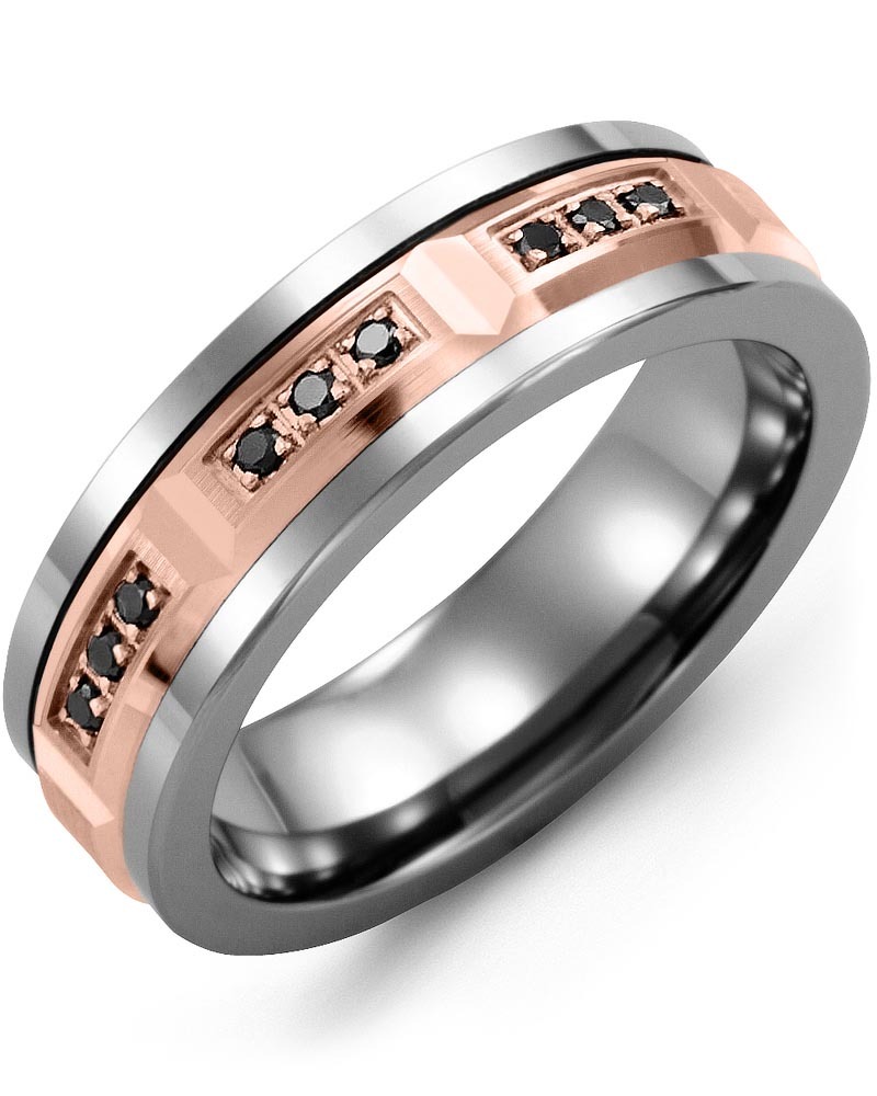 Men's & Women's Cobalt & Rose Gold + 9 Black Diamonds 0.18ct Wedding Band