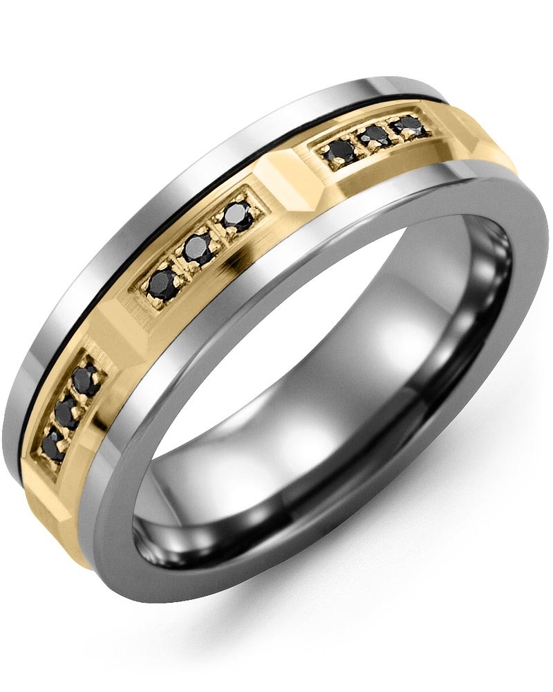 Men's & Women's Cobalt & Yellow Gold + 9 Black Diamonds 0.18ct Wedding Band