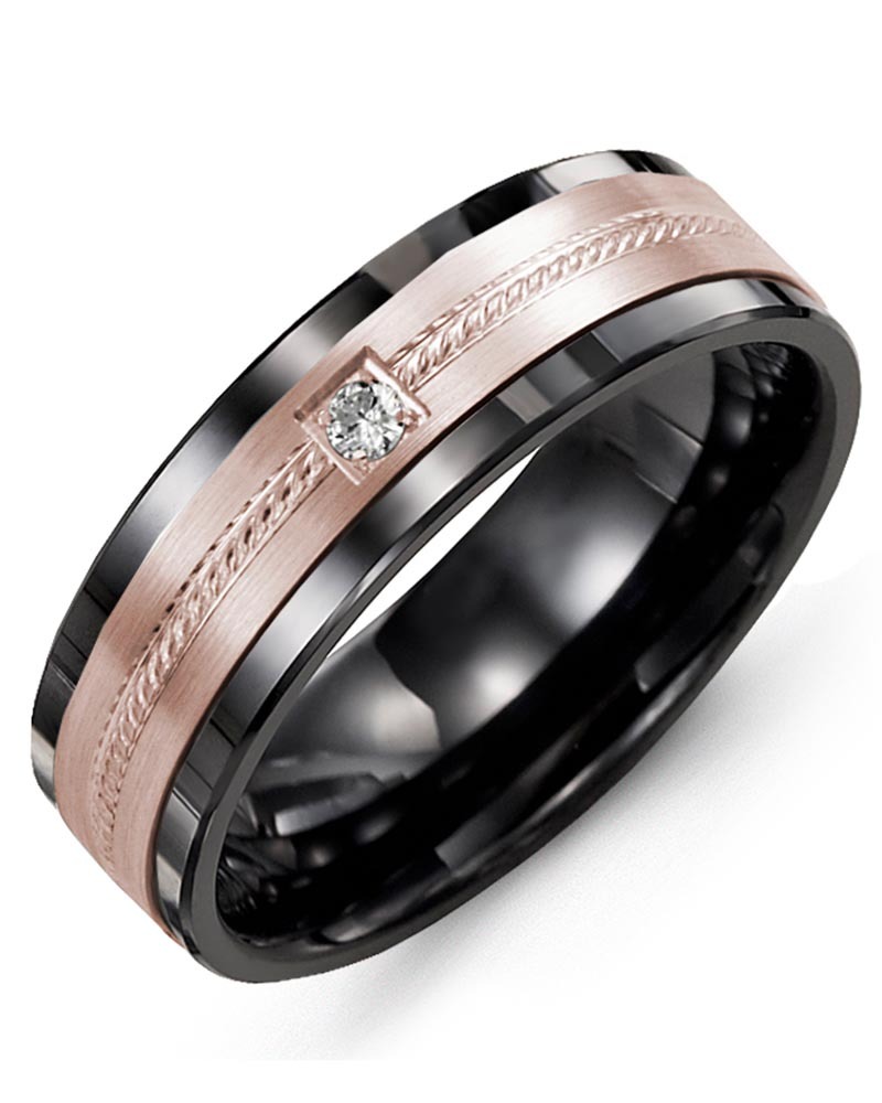 Men's & Women's Black Ceramic & Rose Gold + 1 Diamond 0.05ct Wedding Band