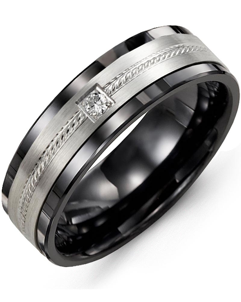 Men's & Women's Black Ceramic & White Gold + 1 Diamond 0.05ct Wedding Band