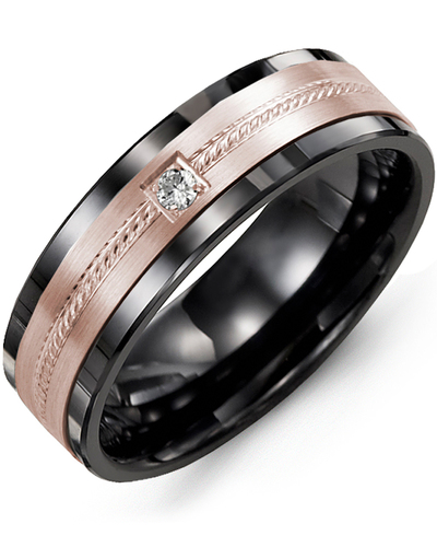 Men's & Women's Black Ceramic & Rose Gold + 1 Diamond 0.05ct Wedding Band