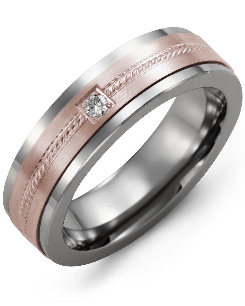 Men's & Women's Tungsten & Rose Gold + 1 Diamond 0.05ct Wedding Band