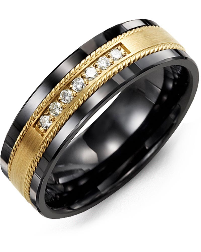 Men's & Women's Black Ceramic & Yellow Gold + 7 Diamonds 0.14ct Wedding Band