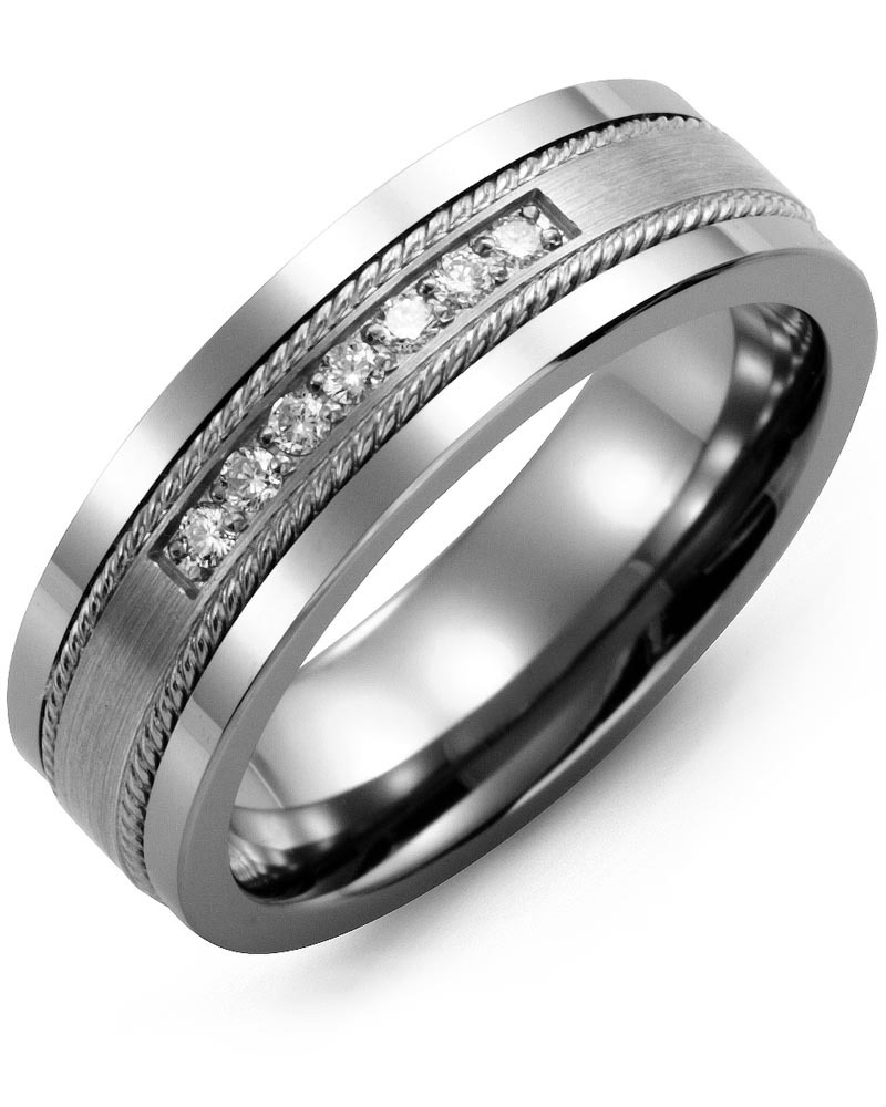 Men's & Women's Tungsten & White Gold + 7 Diamonds 0.14ct Wedding Band from MADANI Rings. Wedding bands, fashion rings, promise rings, made of Tungsten, Ceramic, Cobalt, and Gold. View the collection at madanirings.com
