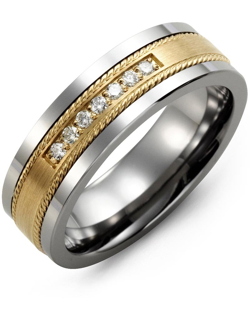 Men's & Women's Tungsten & Yellow Gold + 7 Diamonds 0.14ct Wedding Band