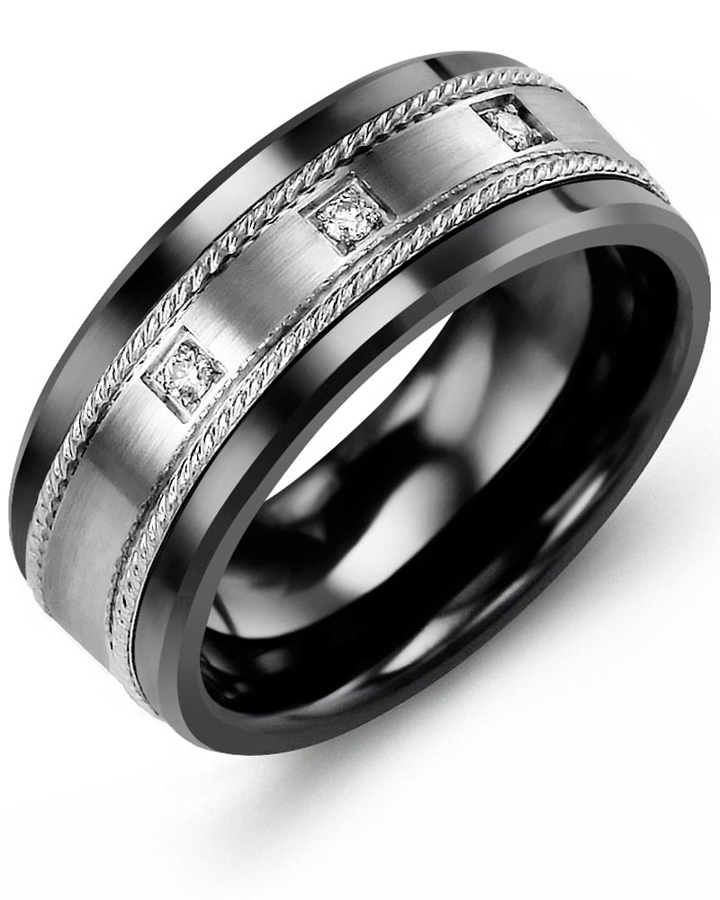 Men's & Women's Black Ceramic & White Gold + 3 Diamonds 0.06ct Wedding Band