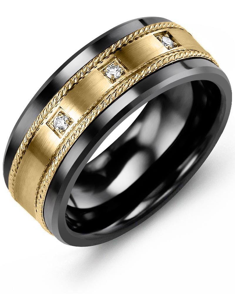 Men's & Women's Black Ceramic & Yellow Gold + 3 Diamonds 0.06ct Wedding Band