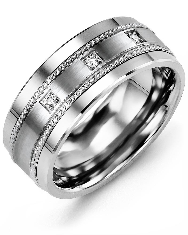 Men's & Women's Tungsten & White Gold + 3 Diamonds 0.06ct Wedding Band from MADANI Rings. Wedding bands, fashion rings, promise rings, made of Tungsten, Ceramic, Cobalt, and Gold. View the collection at madanirings.com