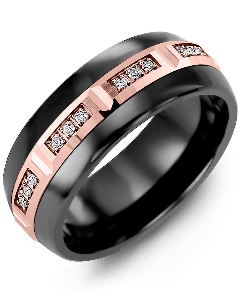 Men's & Women's Black Ceramic Half Round & Rose Gold + 12 Diamonds 0.12ct Wedding Band